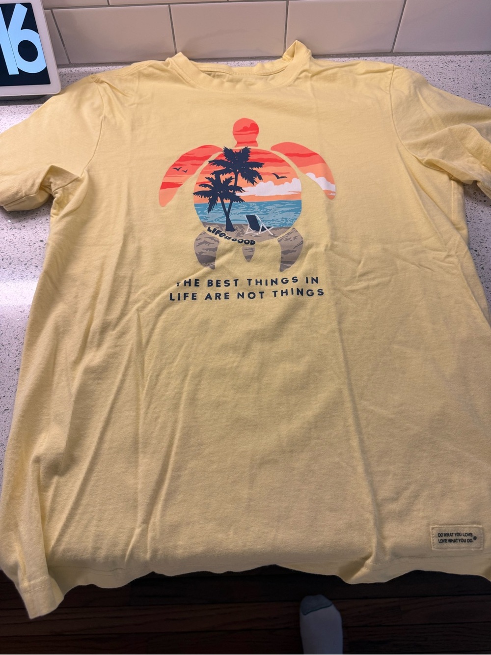 Life Is Good Yellow Women’s Short Sleeve Tee with Beach Turtle Graphic